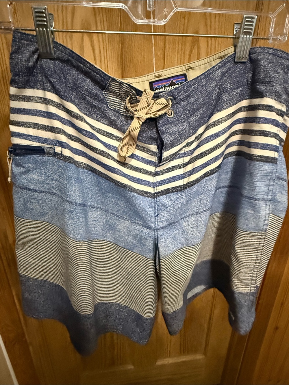 Patagonia Men's Blue and Cream Striped Hybrid Shorts